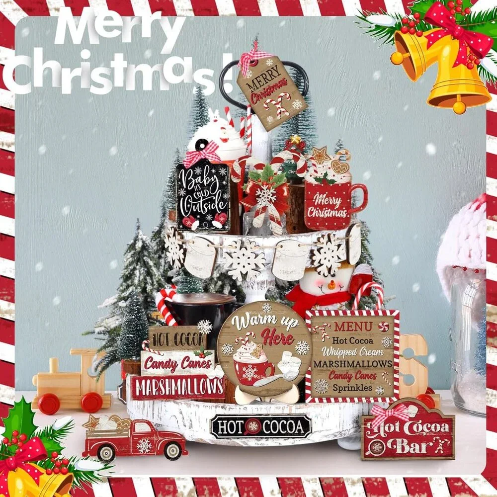 Charming Holiday Decor Set: 16 Wooden Christmas Tray Pieces for Your Home